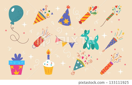 Party celebration. Festive cracker, balloon, decorative flags. Party popper. Color gift and muffin, Birthday surprise, Christmas. Cute doodle, fun present. Vector carnival tidy decoration isolated set 133111925