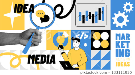 Marketing analysis. Infographic for social media. Community content research. Halftone hand with magnifier. SMM information analytic. Collage of geometric elements. Vector retro design garish banner Marketing analysis. Infographic for social media. Community content research. Halftone hand with magnifier. SMM information analytic. Collage of geometric elements. Vector retro design garish banner 133111930