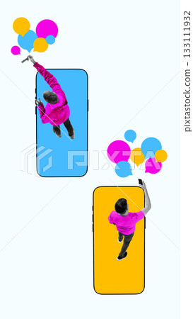 Minimal collage of two people interacting through giant smartphones with floating bubbles 133111932