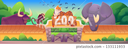 Zoo scene. Cartoon kids jungle park gate with animals. Fun safari entrance for children. Entry arch. Landscape of African savannah. Fence with wild rhino and lion. Door in wildlife vector background 133111933