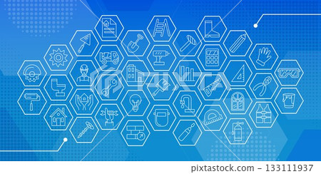Construction icon. Industry sign. Civil engineering and architecture. Building industrial project. Professional engineer of architect technology. Home renovation. Hexagon symbols. Vector tidy concept 133111937