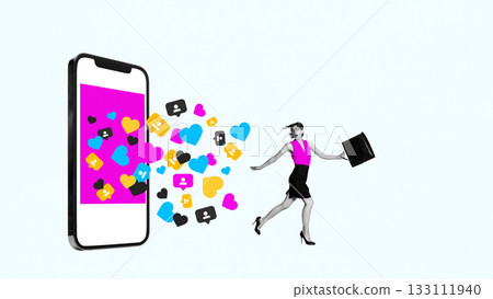Dynamic collage of woman running from smartphone exploding with colorful social icons. 133111940