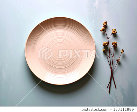 Traditional table setting. Ceramic plate with a classic pink design on a white background. Porcelain kitchenware. Close-up. Top view. Traditional table setting. Ceramic plate with a classic pink design on a white background. Porcelain kitchenware. Close-up. Top view. 133111999
