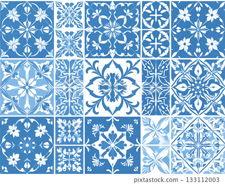 Detailed patterns. Texture of ceramic tiles with geometric patterns in blue color. English style. Building materials. Design mockup and background. Detailed patterns. Texture of ceramic tiles with geometric patterns in blue color. English style. Building materials. Design mockup and background. 133112003