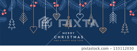 merry christmas card with hanging decoration in form of tree and heart vector illustration 133112030