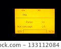 old car trip computer screen with radio and fuel consumption indicator 133112084