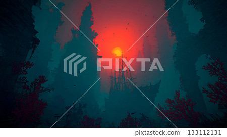 A fantastic underwater scene of a sunken ship and sunset 133112131