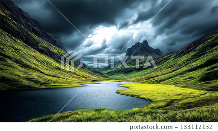 Beautiful mountain and lake scenery with dramatic clouds in the sky Beautiful mountain and lake scenery with dramatic clouds in the sky 133112132