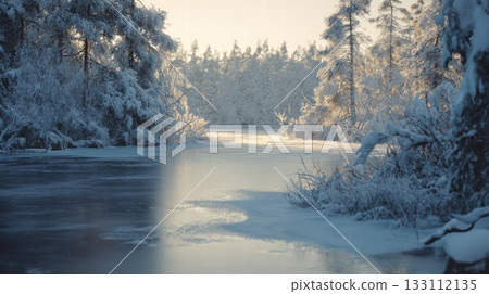Serene Winter Forest Scene By Snowy River At Dawn With Soft Golden Light 133112135