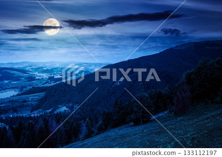 mountain landscape under sky with clouds at night. countryside scenery with meadow, rolling hills and valley in full moon light. hiking place in summer. background for investment or abstract concepts mountain landscape under sky with clouds at night. countryside scenery with meadow, rolling hills and valley in full moon light. hiking place in summer. background for investment or abstract concepts 133112197