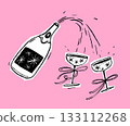 Two champagne glasses with bows and bottle, festive new year doodle illustration, pink background 133112268