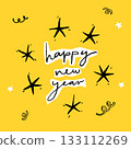 Happy new year - hand lettering greeting card, hand drawn doodle yellow inscription 133112269