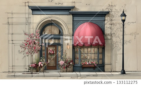 Architectural sketch illustrating a charming flower shop facade with a bright pink awning, featuring blooming flowers and elegant details, blending design and urban beauty 133112275