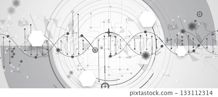Futuristic hexagons, DNA strands, connected neural structure web 133112314
