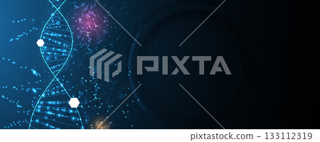 Futuristic hexagons, DNA strands, connected neural structure web Futuristic hexagons, DNA strands, connected neural structure web 133112319
