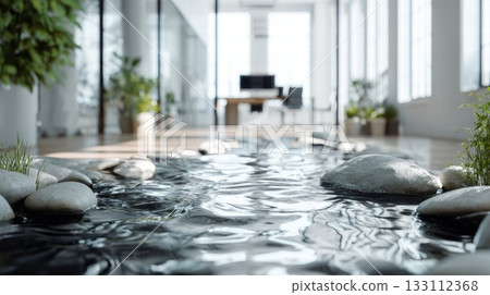 Modern Office With Indoor Water Feature, Rocks, And Green Plants For Calm, Productive Space 133112368