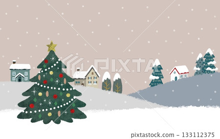 Illustration of a snowy Christmas townscape and Christmas tree on a beige background Illustration of a snowy Christmas townscape and Christmas tree on a beige background 133112375