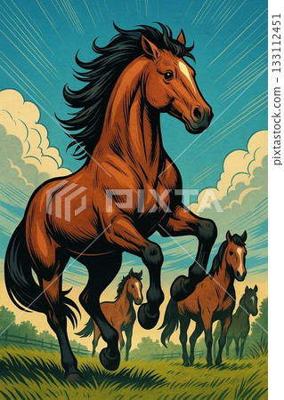 American comic book style illustration of a horse in motion 133112451