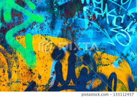 Vibrant Graffiti Texture in Neon Blue and Yellow for 90s Urban Style 133112457