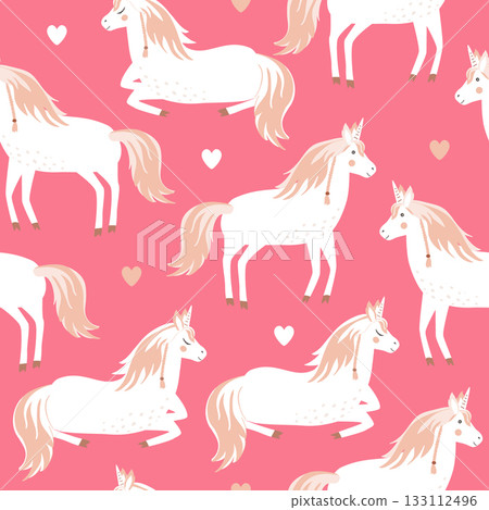 Seamless pattern with cute unicorns and hearts. Vector illustration 133112496