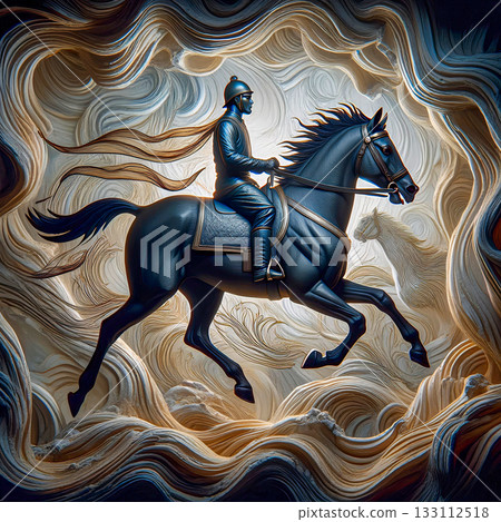 Galloping through swirling realms. A dynamic digital artwork depicting a person riding a galloping horse amidst swirling, textured realms.  133112518