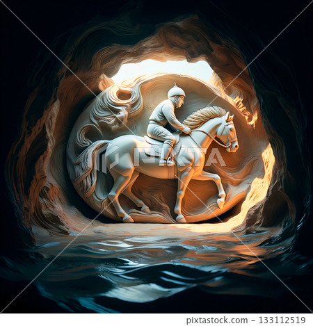 Ancient rider sculpture in a luminous cave reflection. A detailed sculpture of a rider on horseback is illuminated within a cave setting.  133112519