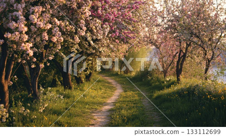 Sunlit Path Through Pink Blossoms Serene Spring Walk Along a Flowering Tree Lane Sunlit Path Through Pink Blossoms Serene Spring Walk Along a Flowering Tree Lane 133112699