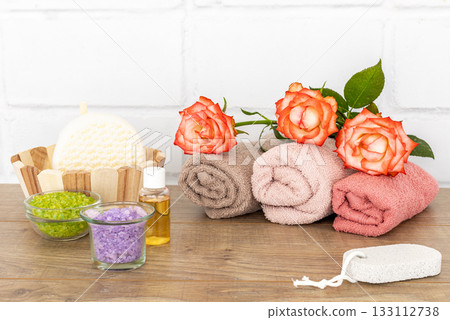 Spa products for facial and body care with soft terry towels. 133112738