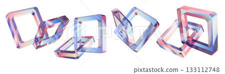 3D glass rectangle figures, holographic plastic futuristic shapes, geometric crystal composition set 133112748