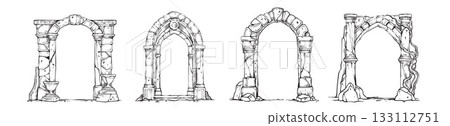 Stone arch frame set, hand drawn fantasy portal doorway, ancient medieval gate ruin ink illustration Stone arch frame set, hand drawn fantasy portal doorway, ancient medieval gate ruin ink illustration 133112751