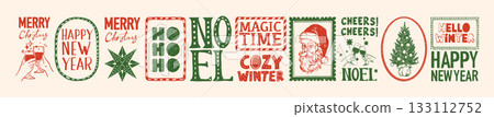 Christmas holiday stamp set, vector hand drawn doodle New Year vintage lettering print, festive logo 133112752