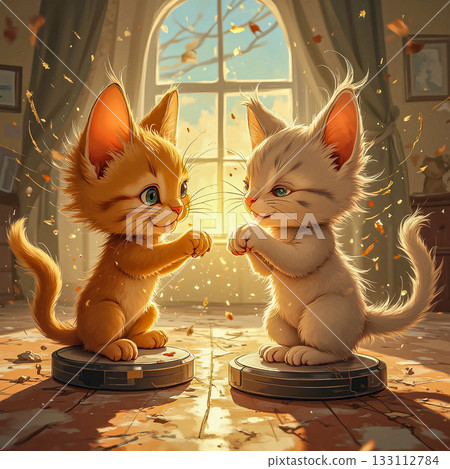Playful kittens' robot vacuum rumble. Two fluffy ginger and white kittens stand on separate robot vacuum cleaners, playfully pawing at each other. 133112784