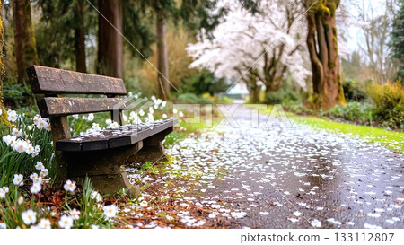 Wooden park bench covered in delicate white petals along a winding garden path, with blooming spring flowers and lush trees creating a peaceful, tranquil atmosphere for solitude and relaxation 133112807