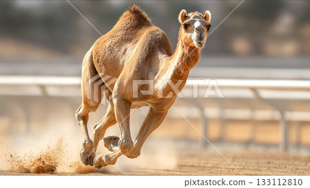 Racing camel galloping on a desert track, demonstrating agility and swiftness during a speed competition in full motion, kicking up sand and dust 133112810