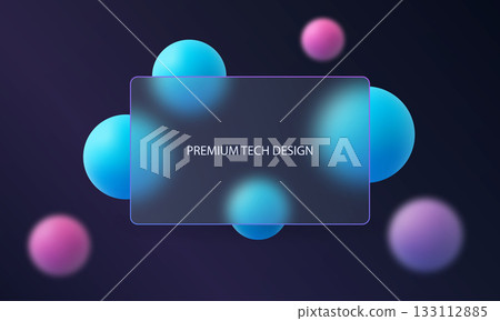 Elegant dark gradient background with luminous blue and violet spheres and a central frosted glass rectangle with tech design style 133112885