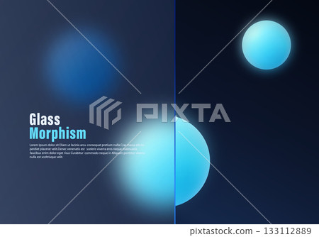 Dark futuristic mockup with transparent matte panel, glowing blue spheres in glassmorphism style 133112889