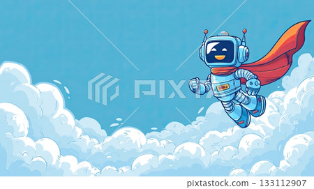 Cute flying AI mascot in a vibrant sky, designed for friendly and modern technology promotion 133112907