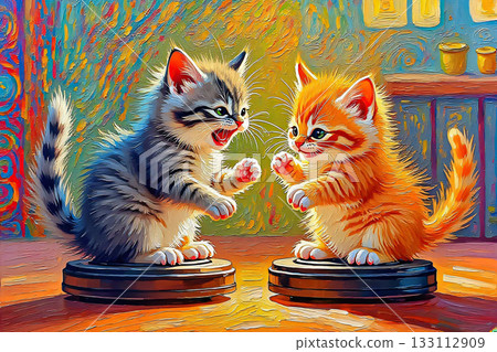Vibrant digital painting of playful kitten duo. Two kittens, one grey and white and the other orange and striped, playfully interact while sitting on mechanical vacuum cleaners. 133112909