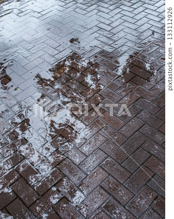 The sidewalk in the park. Autumn path paved with paving slabs with puddles. 133112926