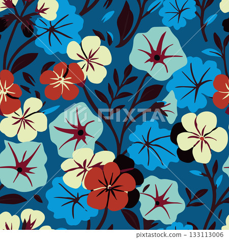 Bold tropical floral seamless pattern with colorful blue, red and yellow flowers on a dark blue background. Perfect for textiles and wallpapers. 133113006