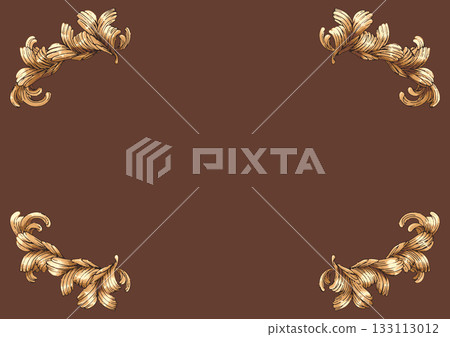 優雅的棕色和金色經典背景,飾以巴洛克和洛可可風格的茛莧葉紋飾。 優雅的棕色和金色經典背景,飾以巴洛克和洛可可風格的茛莧葉紋飾。 133113012