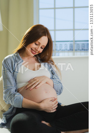 Pregnancy motherhood people expectation future. Pregnant woman touching big belly sitting on couch at home. Girl hugging her tummy enjoying pregnancy. Maternity tenderness parenthood new life concept 133113055