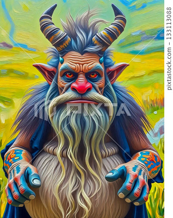 Grumpy horned forest guardian. A mythical creature with large, curved horns and a grumpy expression is depicted in a vibrant, artistic style.  133113088