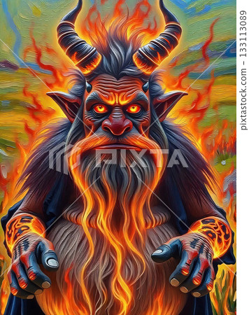 Lord of flames and horns. A mythical creature with large, curved horns and a fiery mane and beard. The creature's eyes glow red, and its skin is adorned with flame-like patterns. 133113089