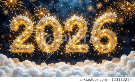 Golden 2026 Numbers Shining Above Clouds With Fireworks for New Year Celebration. 133113254