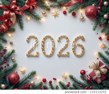 Banner 2026 Christmas Celebration With Gold Number Decor And Holiday Border. 133113255
