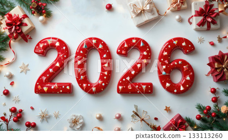 Festive 2026 With Red Number Figures, Gifts And Christmas Decorations. Festive 2026 With Red Number Figures, Gifts And Christmas Decorations. 133113260