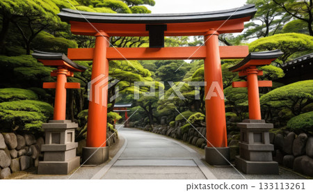 Red Torii Gate Path Through Serene Japanese Garden Amid Lush Greenery Red Torii Gate Path Through Serene Japanese Garden Amid Lush Greenery 133113261