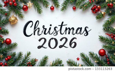 Christmas 2026 Celebration Frame With Festive Evergreen Border And Red Ornaments.. Christmas 2026 Celebration Frame With Festive Evergreen Border And Red Ornaments.. 133113263