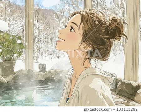 美優系列:冬季露天浴池中放鬆的年輕女子 美優系列:冬季露天浴池中放鬆的年輕女子 133113282